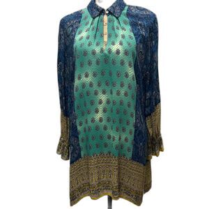 Uncle Frank Mixed Printe Collared Tunic Dress Blue Green Hippie Size Medium
